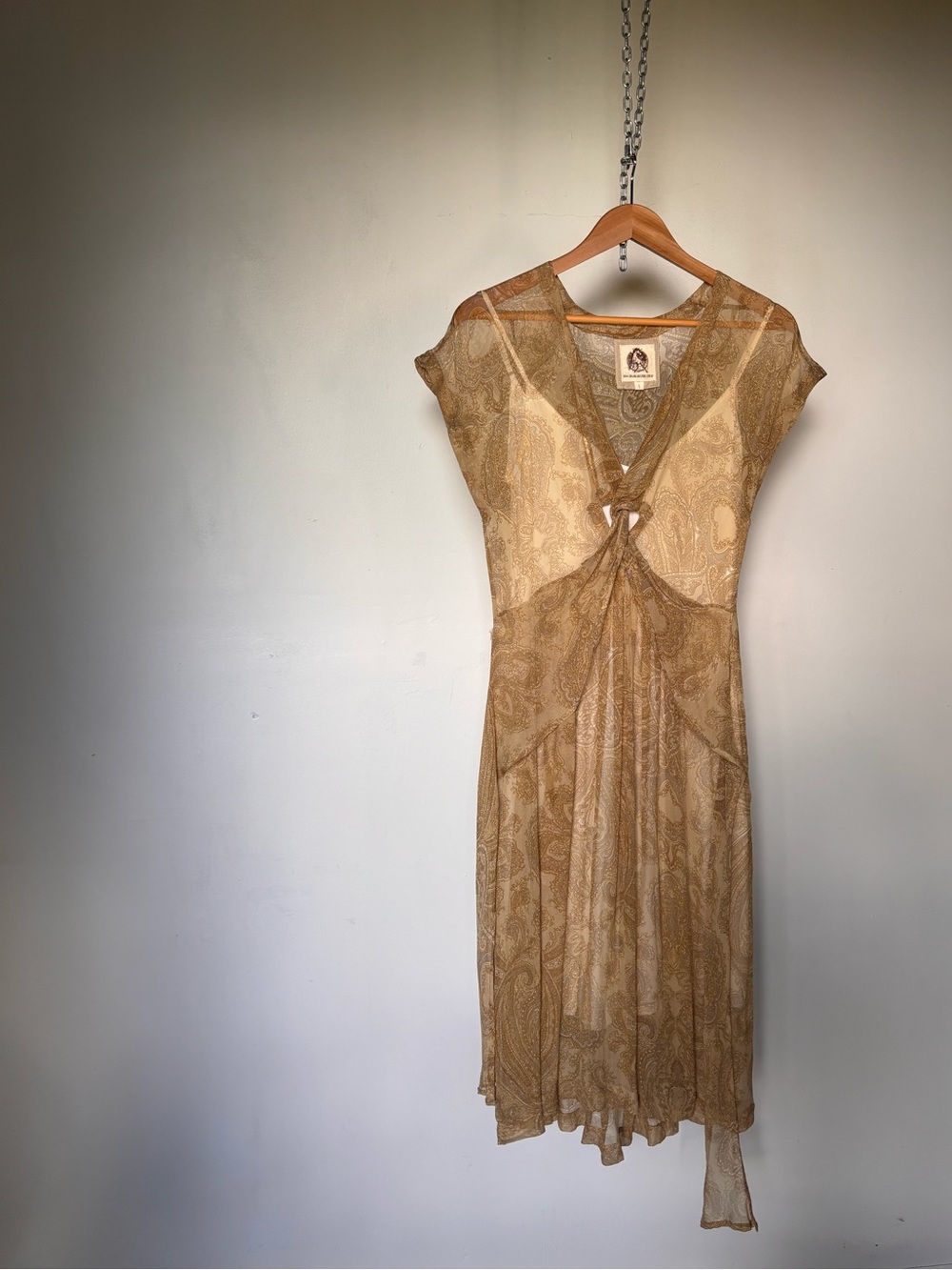 RARE Chasing Unicorns Golden Olive Paisley Silk Midi Dress with Slip
